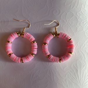 Handmade baby pink and gold hoop earrings.